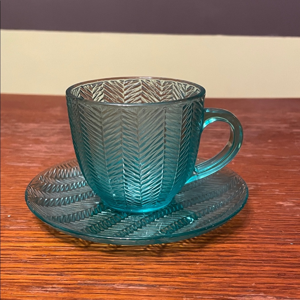 Teal Glass Mug and Saucer Set